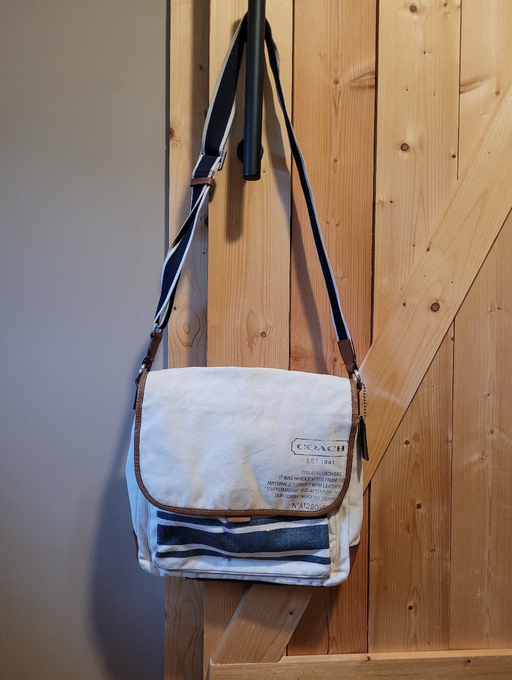 Coach Men's Cream Canvas Messenger Bag with Navy Stripe